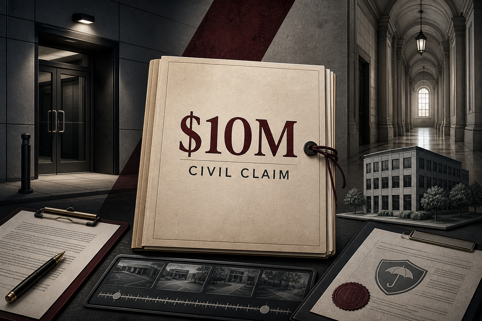 Editorial illustration of a $10 million civil-claim file surrounded by symbols of evidence, insurance, a business, and a courthouse.