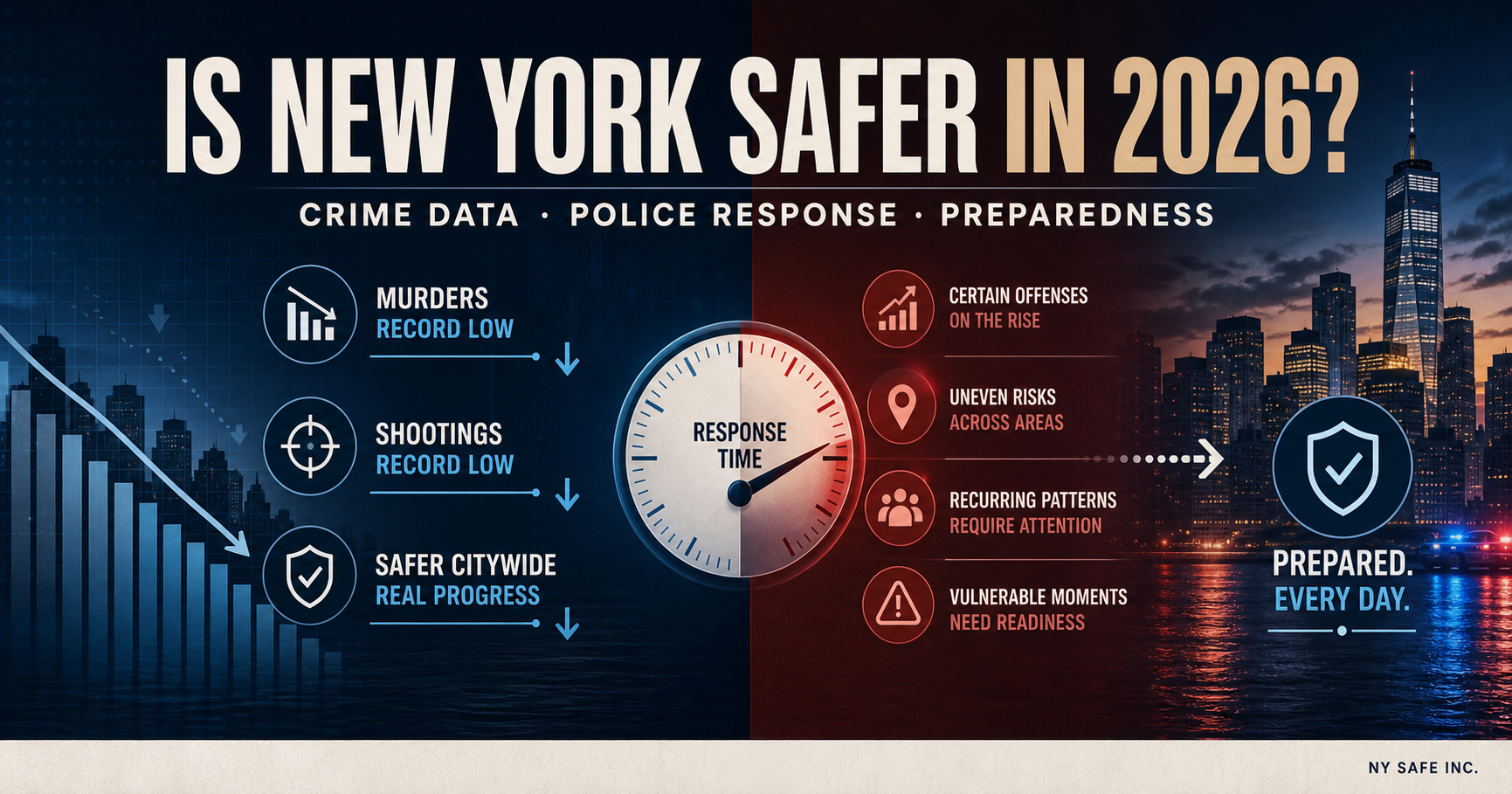 Editorial graphic asking whether New York is safer in 2026, contrasting record-low murders and shootings with uneven risks, police response time, and preparedness