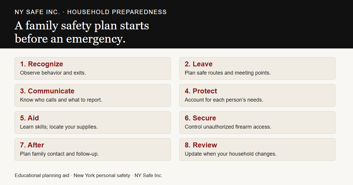 Eight priorities for a New York household safety plan: recognize, leave, communicate, protect, aid, secure, plan follow-up, and review.