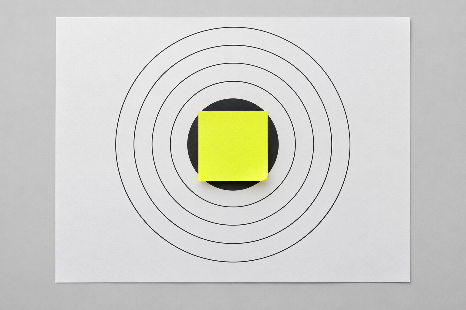 Illustration of a white bullseye paper target with a bright yellow sticky note covering the center.